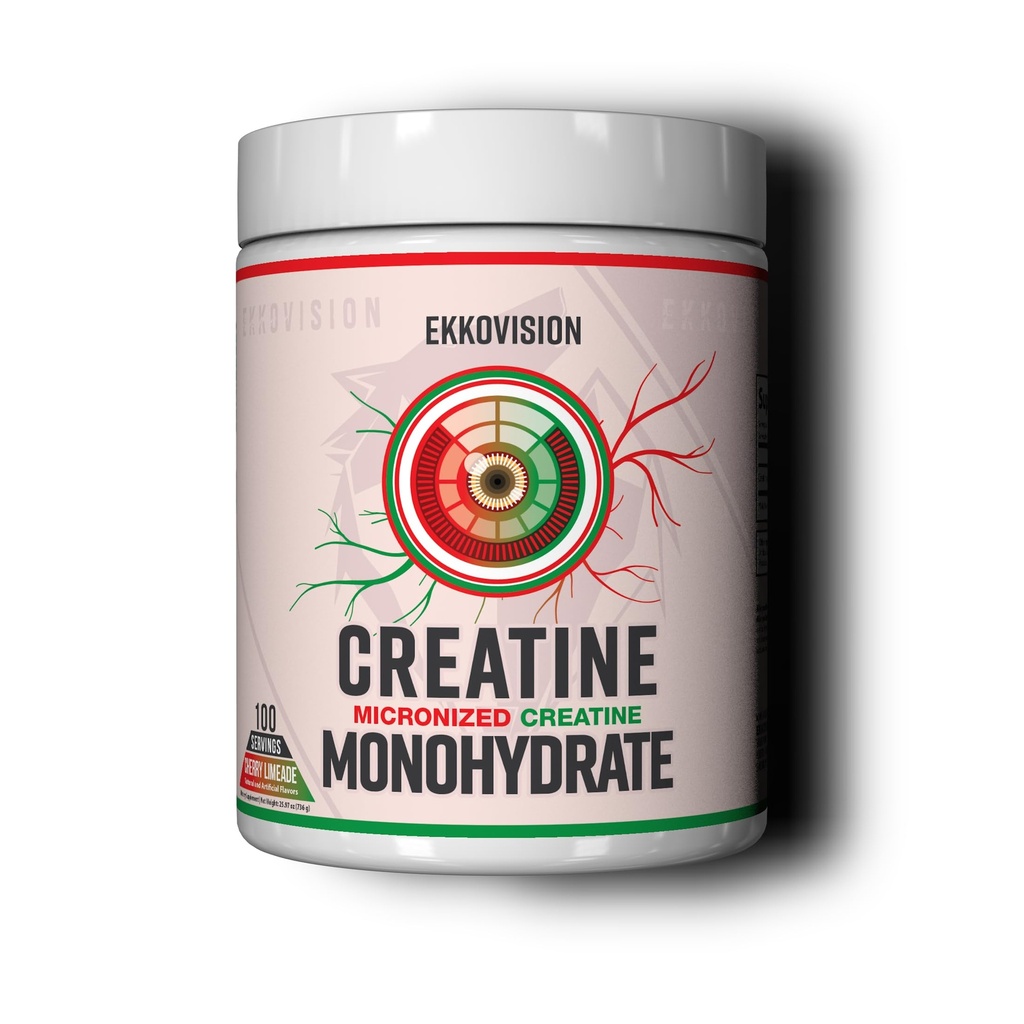 Ekkovision poudre monohydratée de créatine, micronisée, chérie, pré-entraînement et post-entraînement pour les hommes et les femmes, soutien énergétique, facile à mélanger dans les secousses, smoothies et boissons, 100 portions