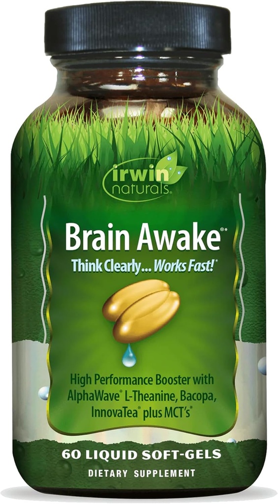 Irwin Naturals Brain Awake - 60 Liquid Softgels - Enhanced Mental Performance, Increased Focus, Clarity & Concentration - Nootropic Booster with L-Theanine, Bacopa, MCTs