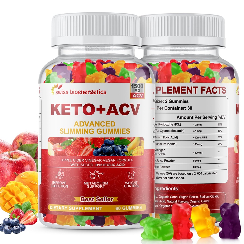 Gommies de vinaigre de cidre de pomme de Keto, supplément de régime alimentaire Gommy de Keto, Gommies de vinaigre de cidre de pomme avancé de 1500mg avec folate, B12.B6 et Keto soutien pour les femmes hommes, sans gélatine, végétalien et non-OGM (multi-arôme)