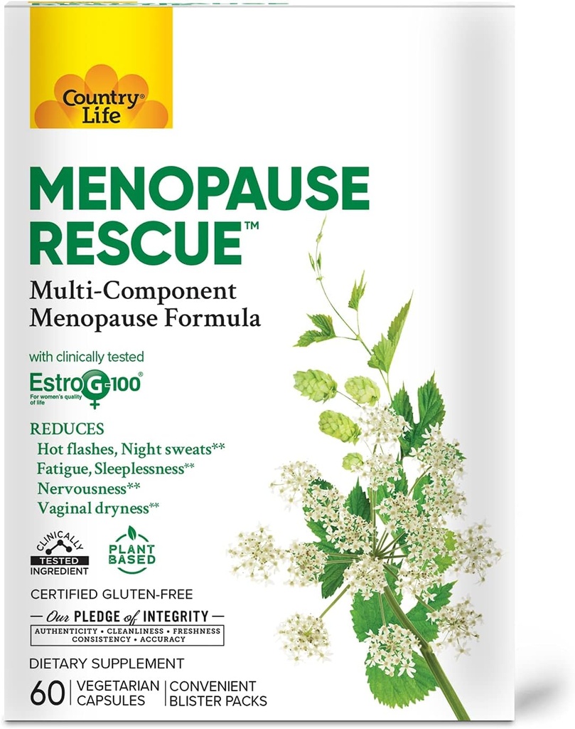 Country Life Ménopause Rescue – Formule de la ménopause multi-composante – Plaquettes pratiques – Plant based - Fournit un soin complet des symptômes ménopausés majeurs – 60 capsules végétariennes