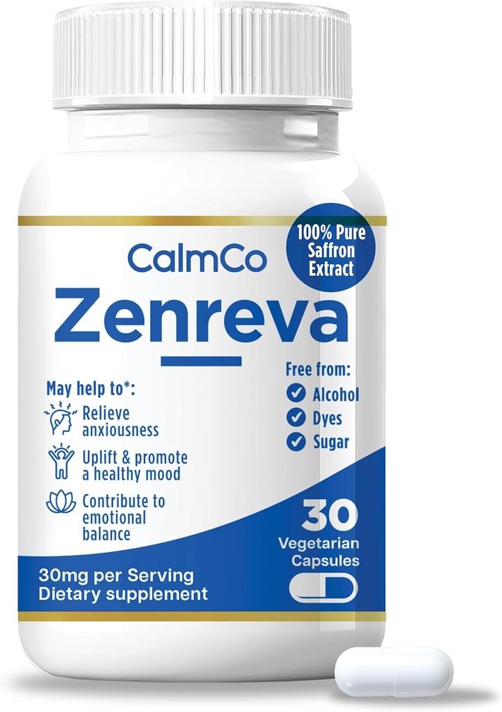 CalmCo Zenreva, Capsules d'extrait de safran pur – Boost Mood, Améliorer Focus, Réduire l'anxiété, Soutenir l'équilibre émotionnel et le sommeil, Booster de métabolisme, Capsules Vegan non OGM, 30 Compte