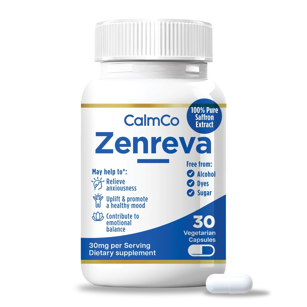 CalmCo Zenreva, Pure Saffron Extract Capsules – Boost Mood, Improve Focus, Reduce Anxiety, Support Emotional Balance & Sleep, Metabolism Booster, Non-GMO Vegan Capsules, 30 Count