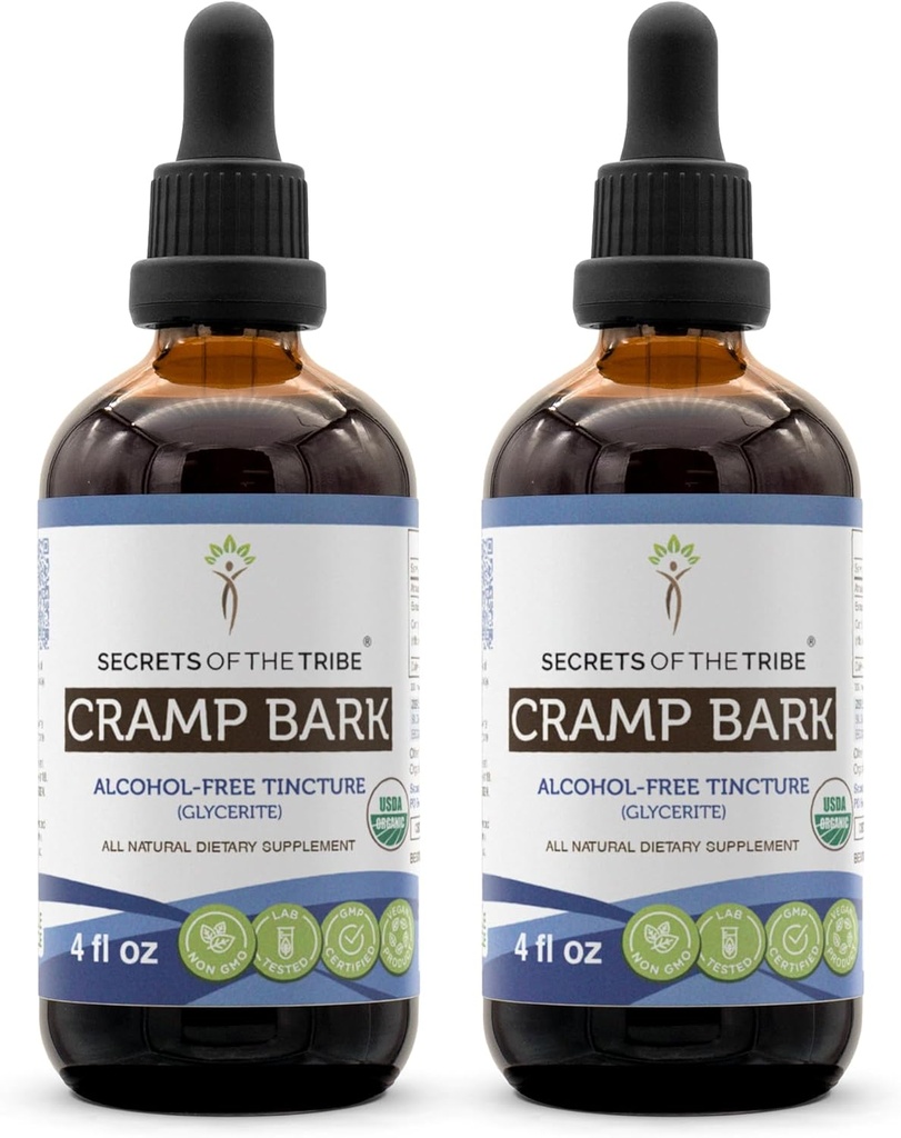 Secrets de l'écorce de crampe de Tribe USDA Organic (Extrait sans alcool, gouttes à base de plantes de haute puissance) Fabriqué à partir d'écorce de crampe biologique 100% certifiée (Viburnum Opulus) Bar sec (2x4 FL Oz)