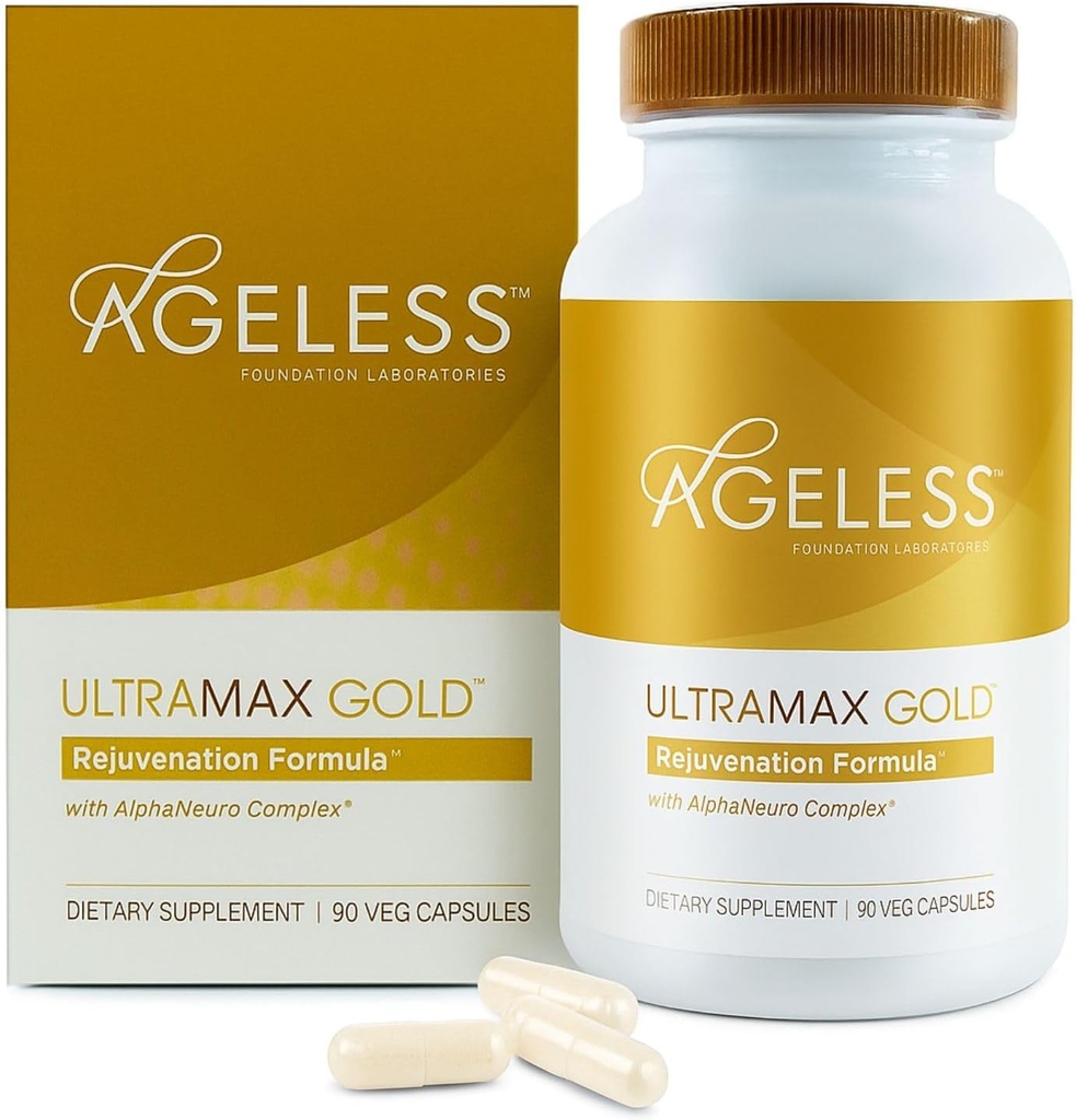 AGELESS™: UltraMAX Gold™ Capsules, HGH Anti-Aging Supplement for Women, Slows Cellular Aging, Supports Immune Health, Smoother Skin Tone and Restorative Sleep, Weight Management, 90 Capsules