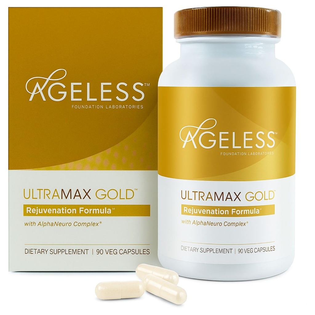 AGELESSTM: Capsules UltraMAX GoldTM, supplément anti-âge HGH pour les femmes, le vieillissement cellulaire lent, soutient la santé immunitaire, tonifiante peau plus lisse et sommeil restaurateur, gestion du poids, 90 capsules