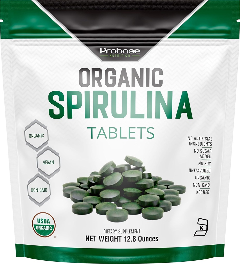 Probase Nutrition, comprimés de Spiruline Biologique, supplément de Spiruline Premium, riche en prébiotiques, protéines et antioxydants