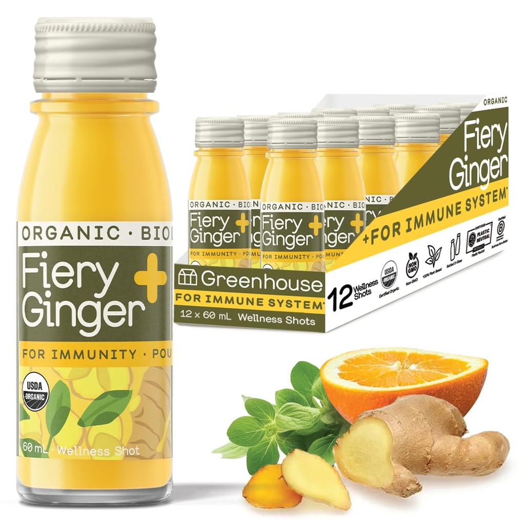 Greenhouse Juice Bio Fiery Ginger Wellness Shots 12-Count 60ml bouteilles en verre, végétalien et sans gluten