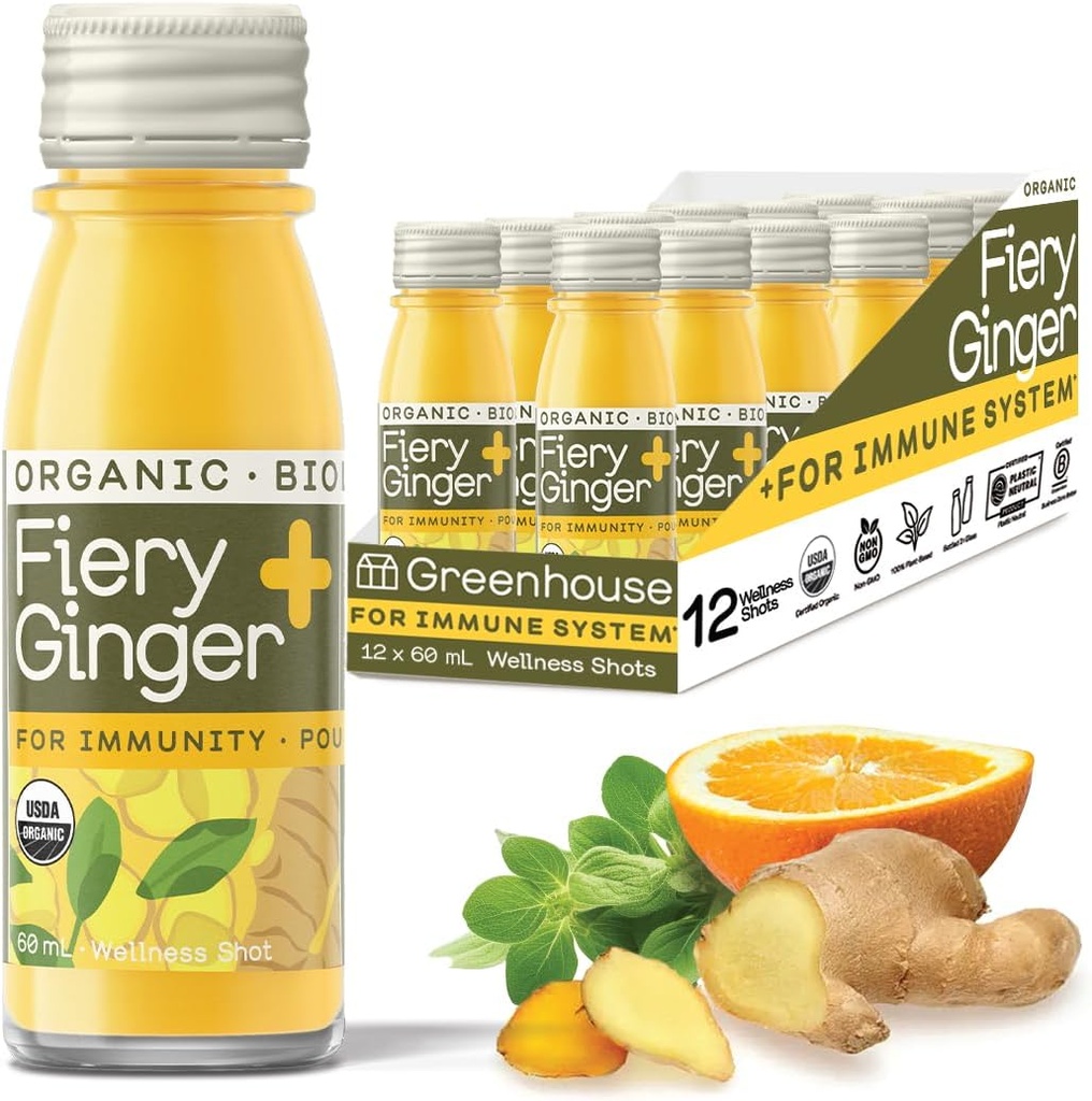 Greenhouse Juice Bio Fiery Ginger Wellness Shots 12-Count 60ml bouteilles en verre, végétalien et sans gluten