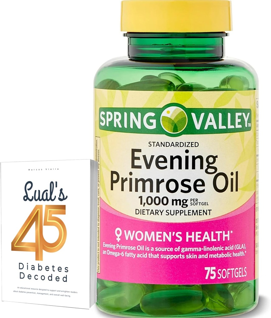 Spring Valley Huile de Primrose pour la santé des femmes Supplément diététique Softgels, 1000 mg, 75 Compte, Softgels, Capsules d'huile de Primrose pour le soir 1000mg avec 45 Diabète Décodé
