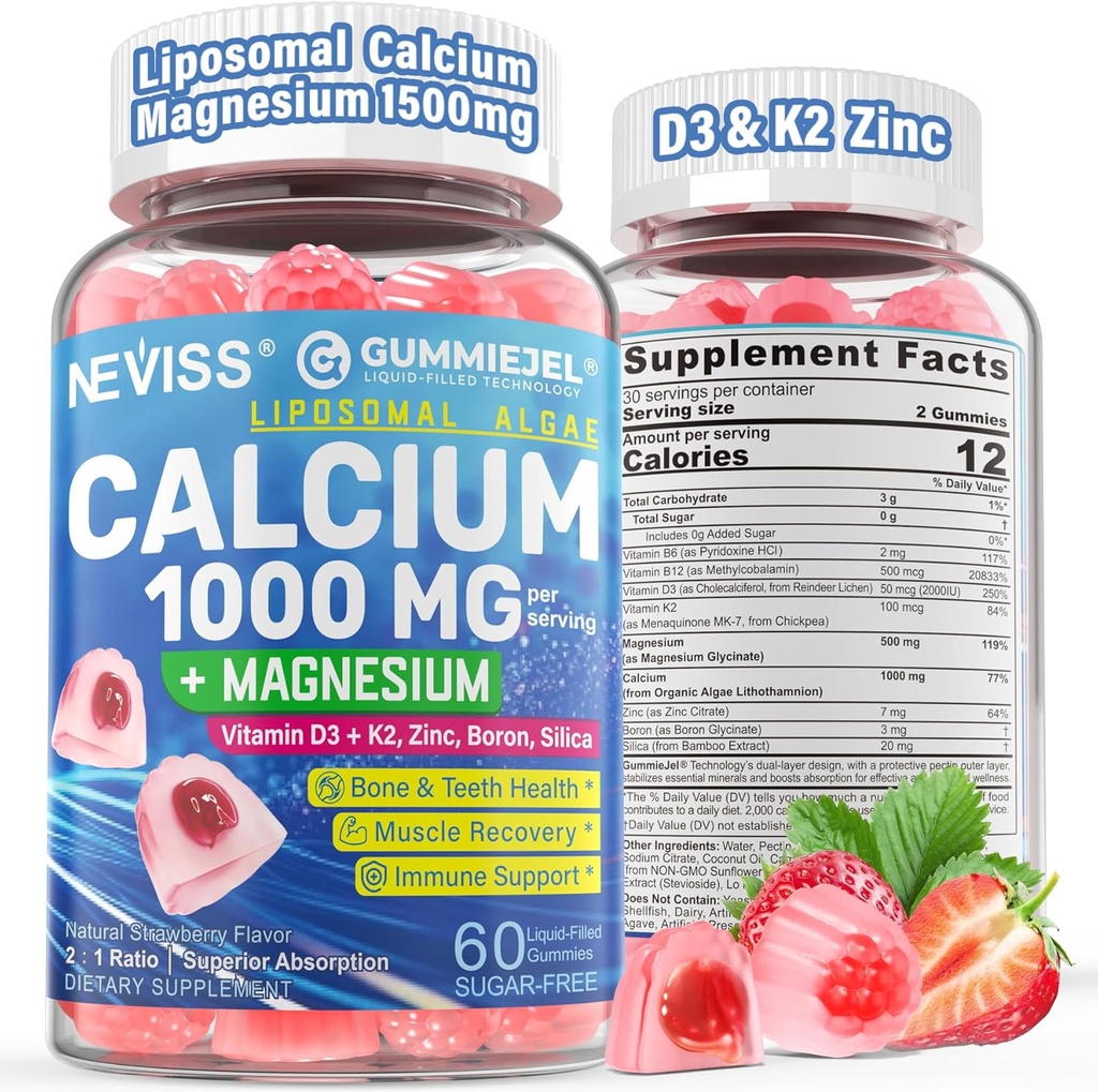 Suppléments de calcium pour les femmes, hommes - Calcium liposomique 1000mg avec vitamine D3 K2, Glycinat de magnésium, zinc, Boron, Silice pour la santé des os - sans sucre Calcium Magnésium Zinc Gummies, végétalien, 60 comte