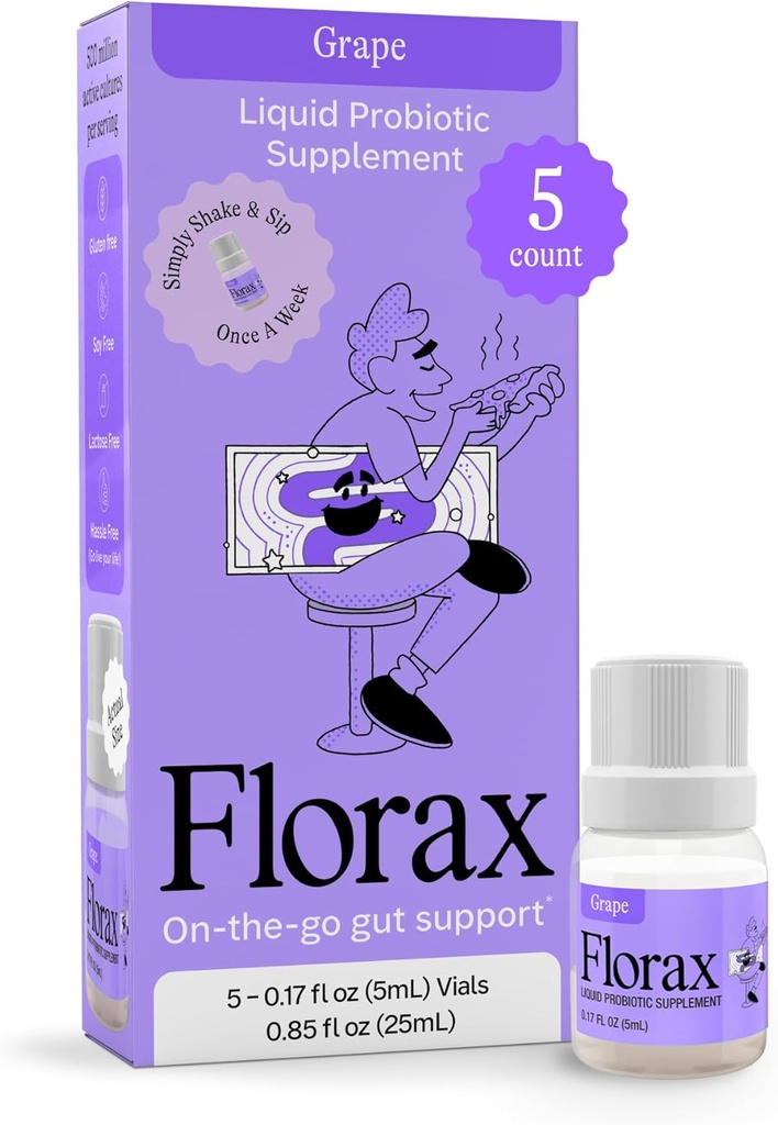 Florax - Probiotique liquide - Soutien sur place pour les femmes, les hommes et les enfants - Vegan, sans gluten, sans lactose, sans soja et sans réserve - Arôme de raisin - 5 flacons