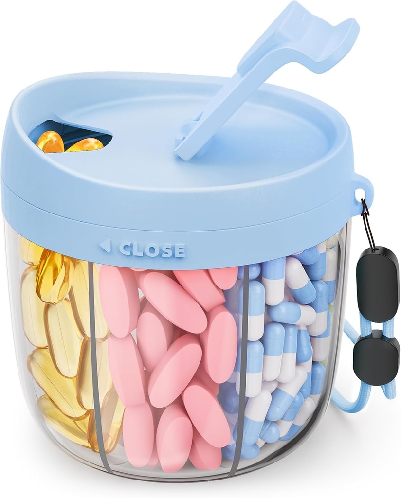 Distributeur de pilules mignon avec 7 grands compartiments, organisateur portable de bouteilles de pilules avec large ouverture pour une utilisation facile, organisateur de pilules anti-Mix pour les voyages, conteneur de pilules sans BPA, bleu
