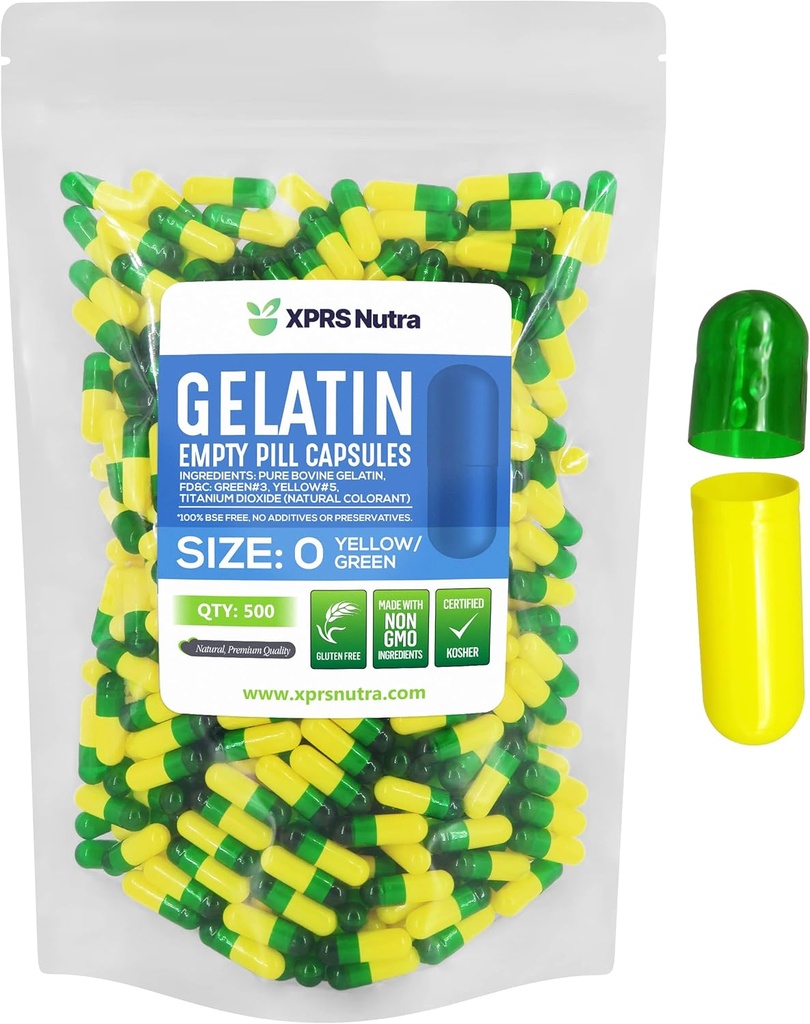 XPRS Nutra Taille 0 Capsules vides - 500 Compte Capsules de gélatine vides - Pills pour le remplissage de la gélule de bricolage - Pure Pill Gel Caps pour Do-It-Youlf Suppléments (Green/Yellow)
