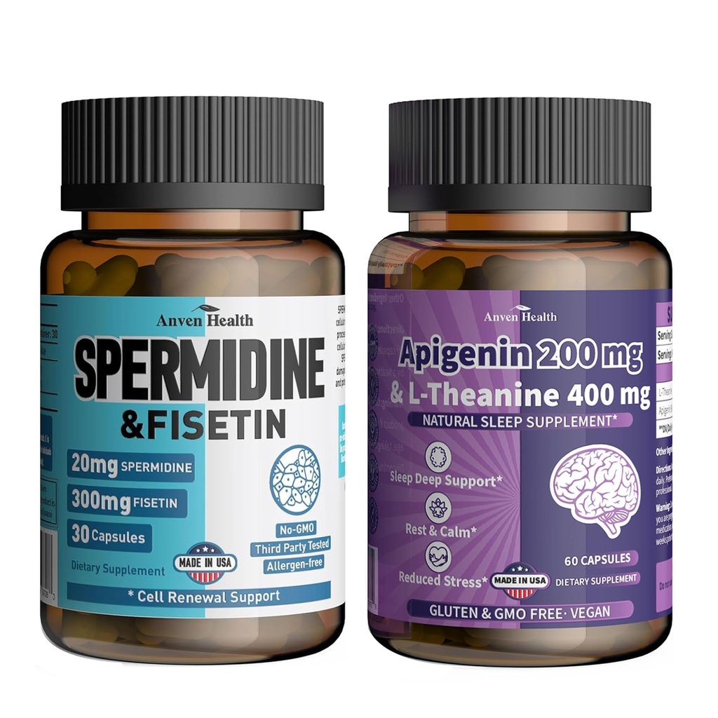 Apigenin 200mg avec L-Theanine 400mg + Spermidine 20mg & Fisetin 300mg - Ultimate Relaxation, Longévité et Vieillissement Defense Bundle