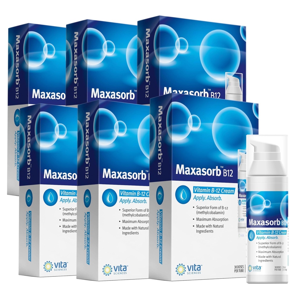 Vita Sciences Maxasorb B12 Vitamine B-12 Crème 1000 mcg: Méthylcobalamine topique puissante pour l'énergie, la santé et la peau Glowing - Pack de 6