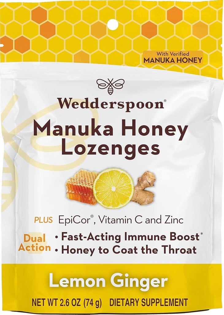 Wedderspoon Manuka Honey Immunity Lozenges, Lemon Ginger, 2,6 Oz (paquet de 1), véritable miel néo-zélandais, stimuler l'immunité en deux heures