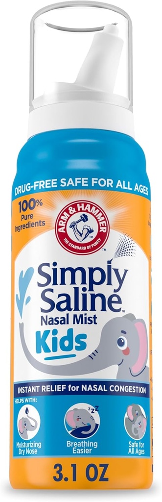 ARM & HAMMER Simply Saline Kids Nasal Mist, Spray Saline pour un soulagement doux de la congestion nasale, 3.1 Oz