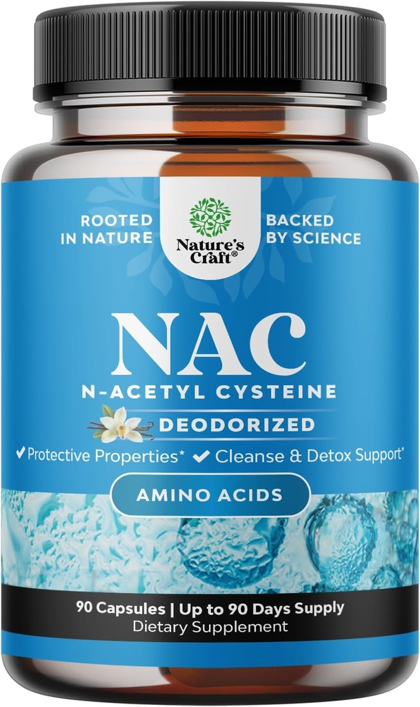 Supplément de NAC N-acétyl Cystéine avec Vanille - Supplément de N-acétylcystéine pour la santé pulmonaire et la fonction respiratoire, foie et reins Detox & Cleanse - Amino Capsules de NAC pour adultes - 90 Ct