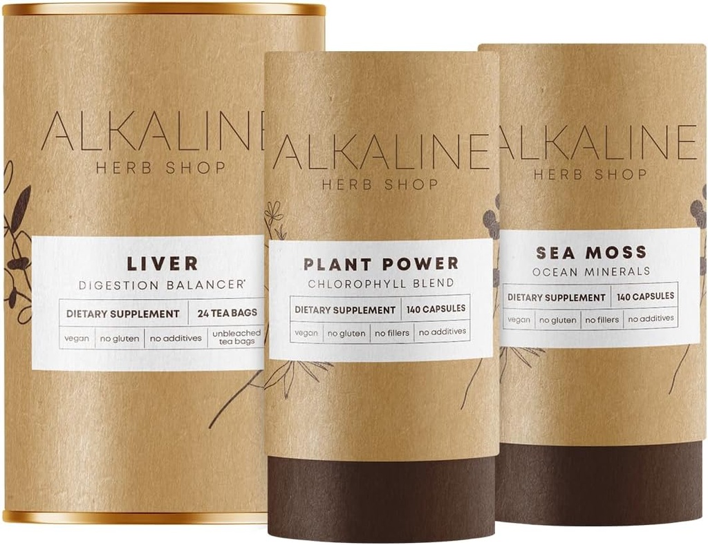 Bundle de foie sain – supplément de mousse de mer, thé de foie heureux (thé de soutien deiver), et supplément de chlorophylle de puissance végétale