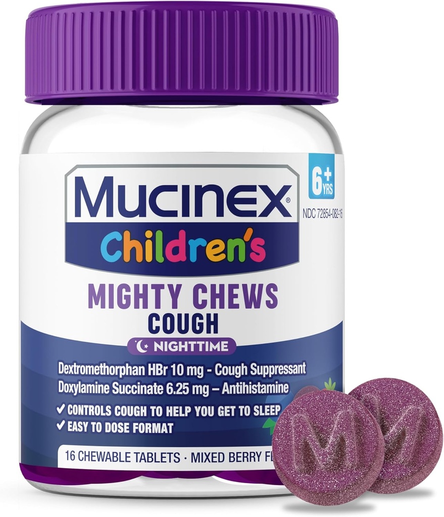 Mucinex Mighty Chews Children Nighttime Kids Cough Medicine, facile à doser Cough Suppressant avec dextrométhorphane, médecine de voyage pour les enfants pour la toux, mélange d'arôme de baie, 16 comprimés à croquer médicamenteux