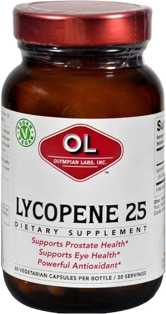 Olympian Labs Lycopène 25mg, puissant antioxydant soutient la santé des yeux, de la prostate et du coeur, sans gluten, sans OGM, 60 Capsules végétaliennes