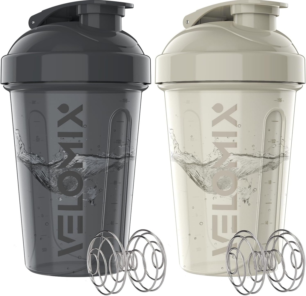 VELOMIX -2 Pack- 20 oz Protein Shaker Bottles for Protein Mixes - 2x Wire Whisk | Leak Proof Shaker Cups for Protein Shakes and Pre Workout | Protein Shaker Bottle Pack (Gray/White)