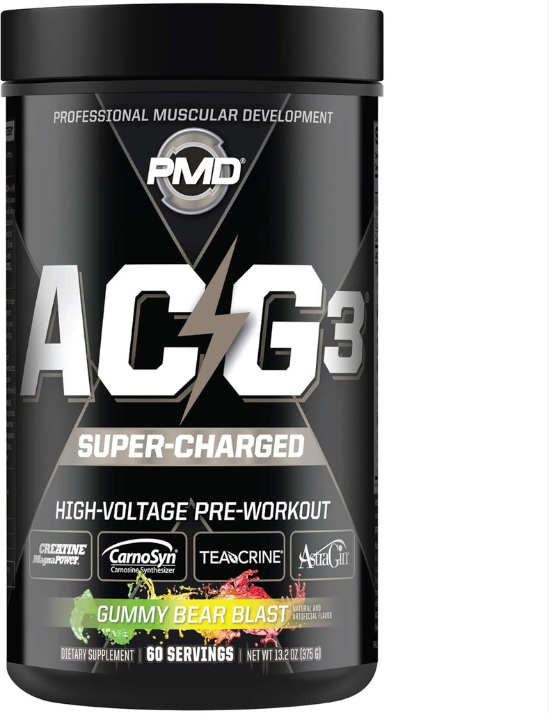 PMD Sports ACG3 Supercharged - Préentraînement - Force puissante, haute énergie, maximiser la concentration mentale, l'endurance et la performance d'entraînement optimale pour les hommes et les femmes - Blast de l'ours gommy (60 portions)