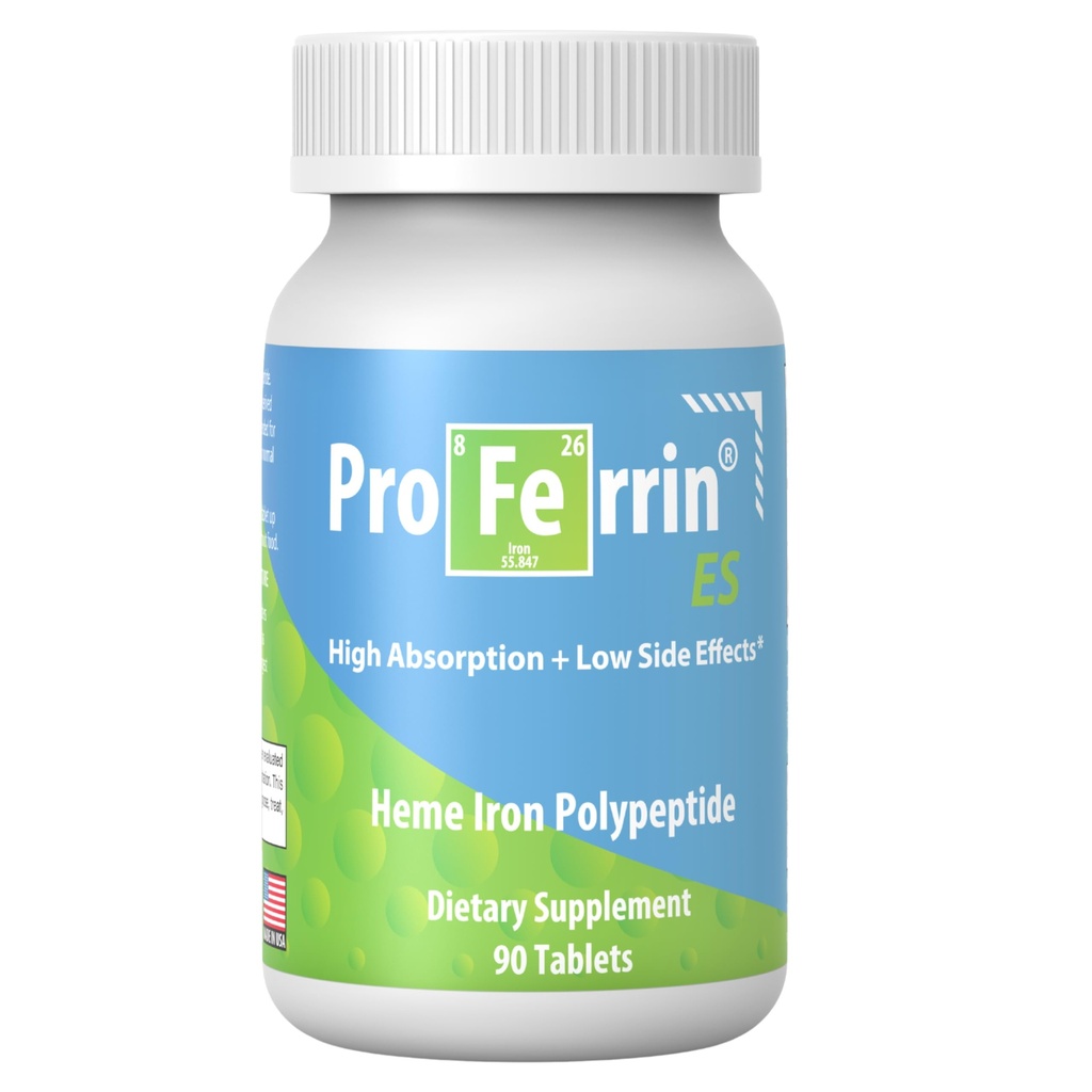 Proferrin ES- 10,5mg de polypeptide de fer à haute absorption. Fabriqué aux USA. 90 comprimés. Doucement sur le Gut. Non affecté par le café, le calcium ou les PPI.