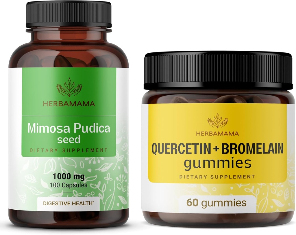 HERBAMAMA Mimosa Pudica et Quercetin Kit - Ensemble de 1000 mg Mimosa Pudica Capsules et 800 mg Quercetin et Bromelain Gummies - Vegan, Non-OGM, Sucre et Sans alcool - 2 Pack