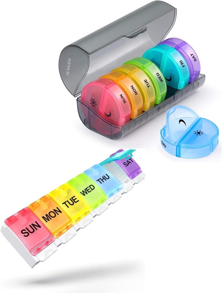 2 Pack Weekly Pill Organizer, Sukuos Daily Pill Box 7 Day Pill Cases pour vitamines, huiles de poisson ou suppléments, sans BPA