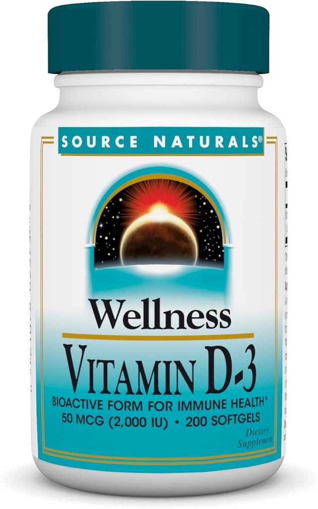 Source Naturals Wellness Vitamine D-3 2000 iu Forme bioactive pour la santé immunitaire* - 200 Softgels