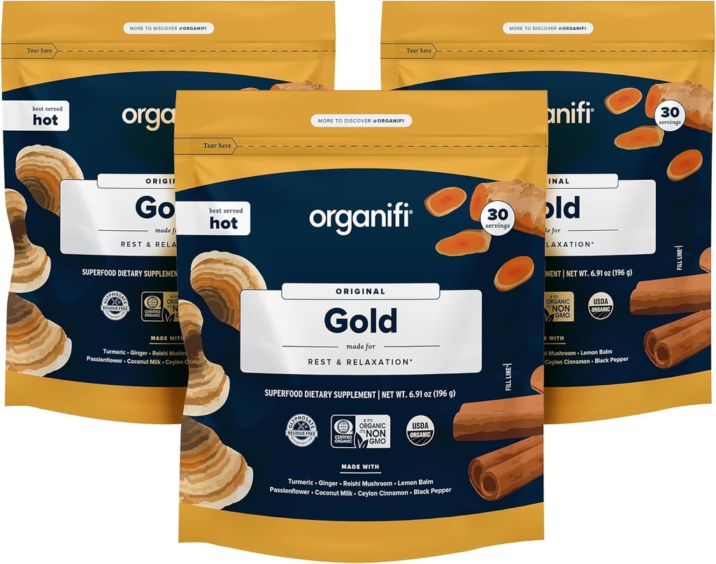 Organifi: Or - Supplément Superfood Poudre- 90 portions (3 pack) - Stress Support, Better Repos, Relaxation et favorise le repos sommeil - Turmeric et Reishi infusé