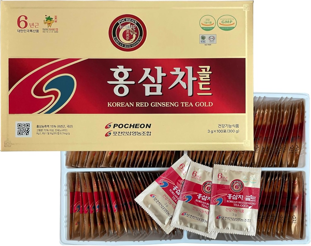 Pocheon 300g (10.6oz), Coréen 6ans Panax Red Ginseng Root Extract Tea Gold, 100 sachets de thé, 15% Ginseng Extract, Natural Immmune Support