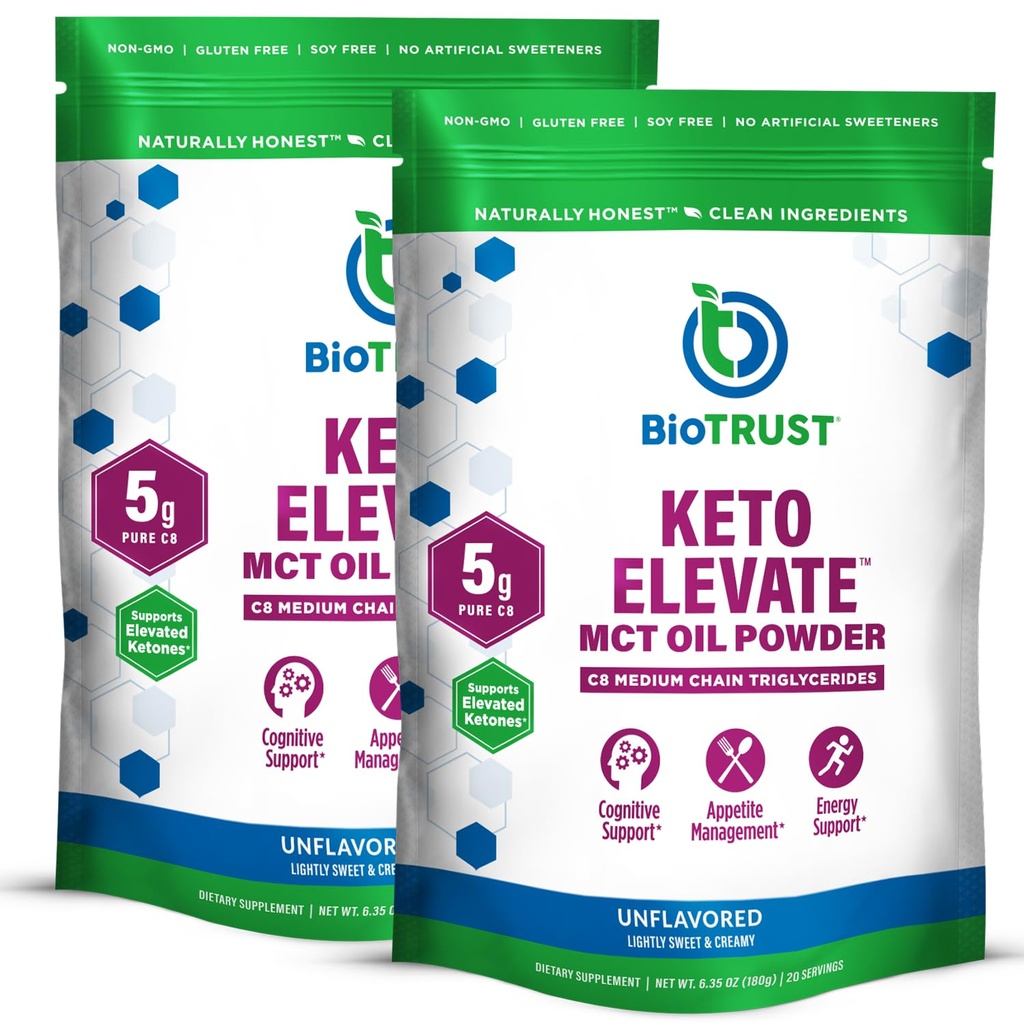 BioTrust Keto Elevate – C8 MCT Oil Powder – Ketogène MCT Coffee Creamer, Keto Coffee Creamer – Clean Energy, Mental Focus & Clarity – 100% Caprylic Acid MCT Powder, Non-OGM (Non aromatisé, 40 portions)