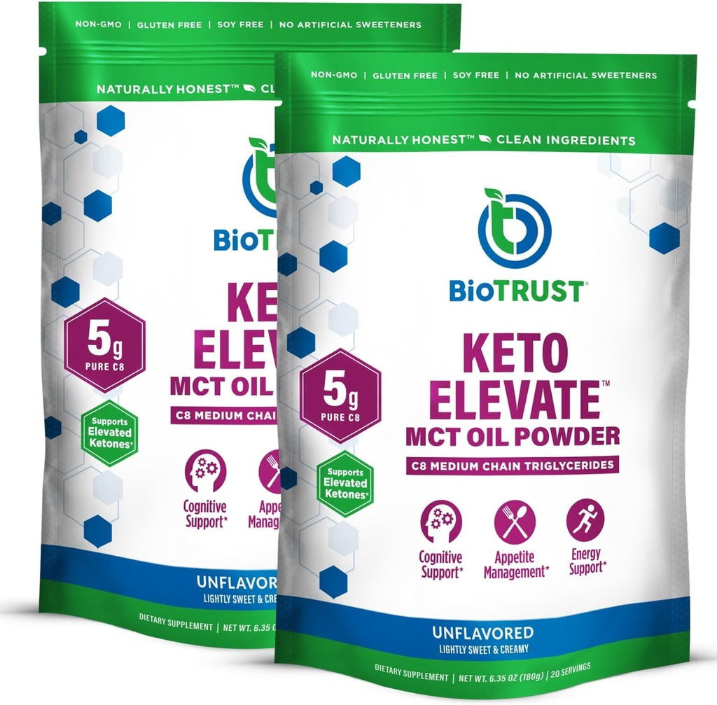 BioTrust Keto Elevate – C8 MCT Oil Powder – Ketogène MCT Coffee Creamer, Keto Coffee Creamer – Clean Energy, Mental Focus & Clarity – 100% Caprylic Acid MCT Powder, Non-OGM (Non aromatisé, 40 portions)