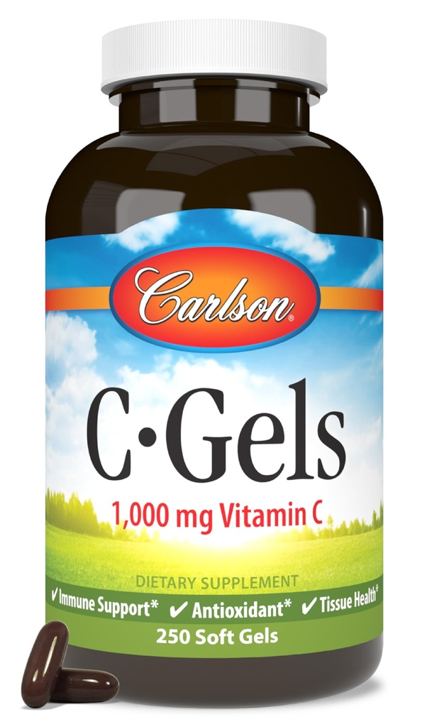 Carlson - C-Gels, 1000mg, Vitamine C Softgels, Soutien immunitaire et santé cardiaque, Vitamine C Softgels, Antioxydant, Supplément vitamine C, 250 Softgels