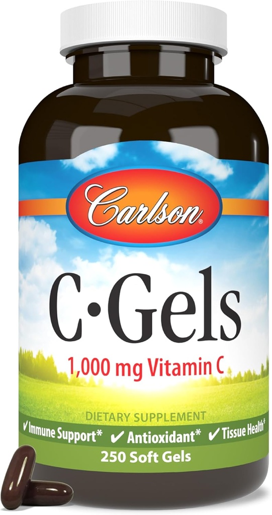 Carlson - C-Gels, 1000mg, Vitamine C Softgels, Soutien immunitaire et santé cardiaque, Vitamine C Softgels, Antioxydant, Supplément vitamine C, 250 Softgels