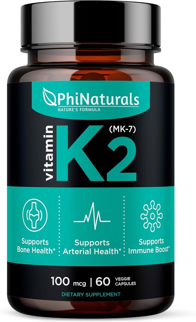 PhiNaturals Vitamine K2 Mk7 100 mcg Vegan 60 Capsules Santé osseuse Artères cardio-vasculaires - VIT k-2 MK-7 Supplément 100mcg de Natto