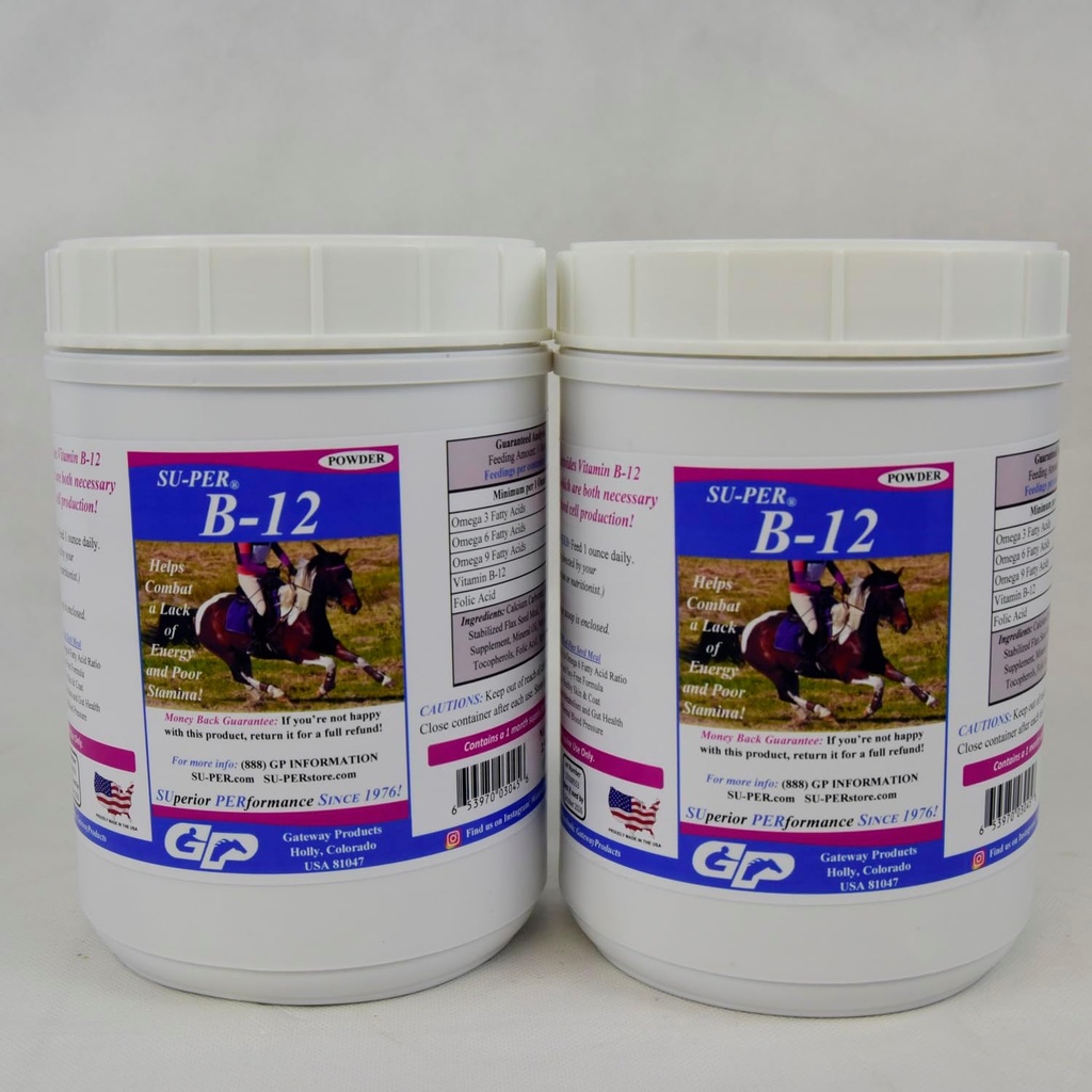 SUPER B12 pour chevaux - Vitamines équidés B-12 et B-9 Poudre de soutien à l'acide folique - Supplément pour chevaux énergétiques - 2,5 livres, (2 paquets)
