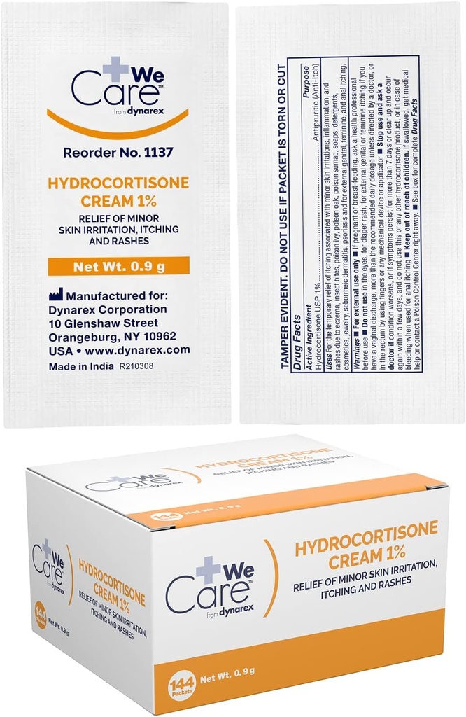 Crème hydrocortisone Dynarex - Onguent hydrocortisone anti-Itch topique pour soulagement temporaire des démangeaisons cutanées mineures, rash, irritation - .9g Packet, 1 boîte de 144