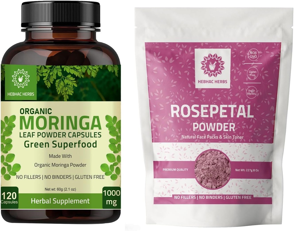 Bio Moringa Capsules 120 Capsules 1000mg et Rose Pétale Poudre 227g.