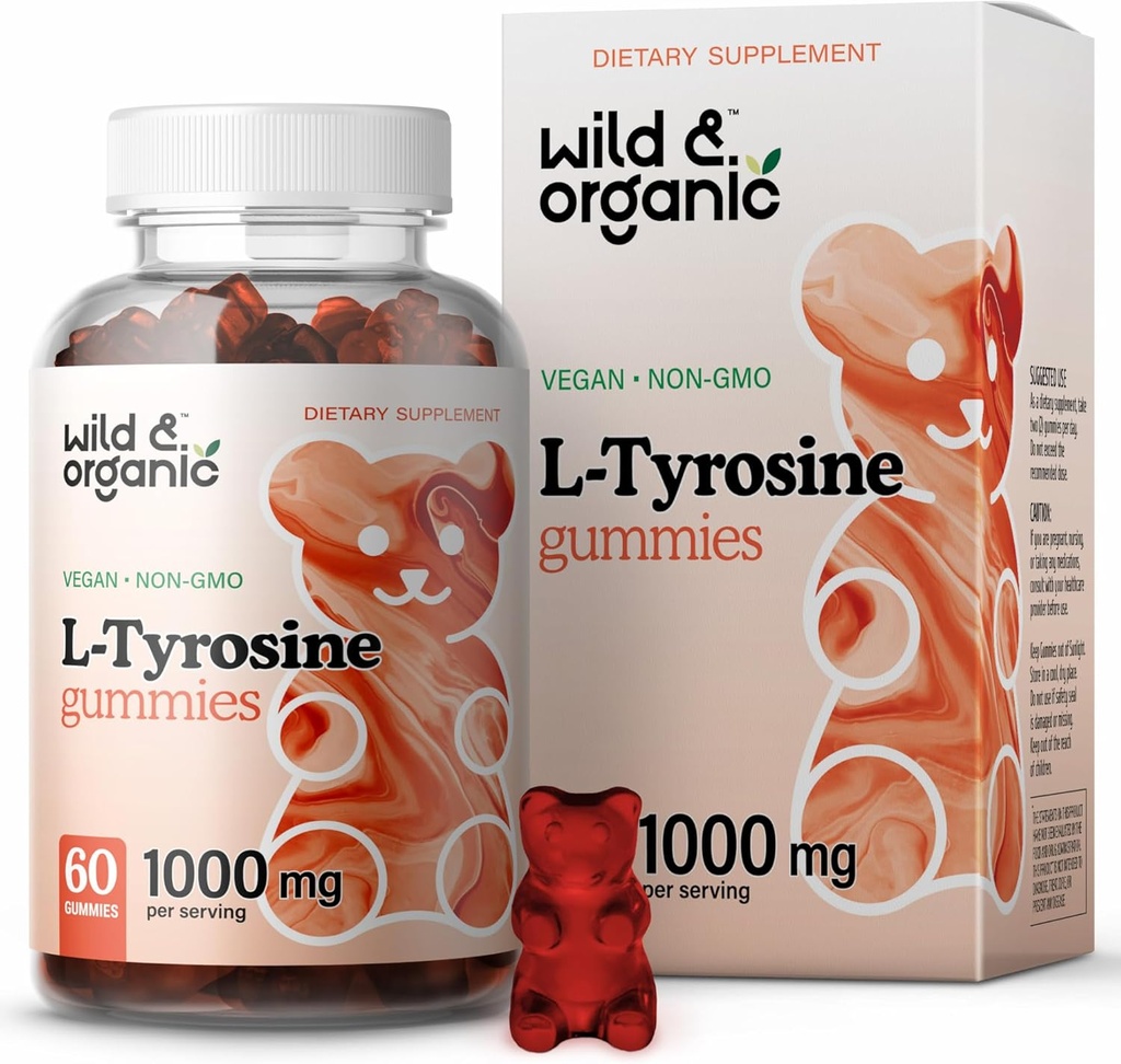Wild & Organic L Tyrosine 1000mg Gummies - Supplément Soutien Cerveau pour Focus and Mood - Gommies Vegan Focus avec Poudre L-Tyrosine - 60 Chews non-OGM