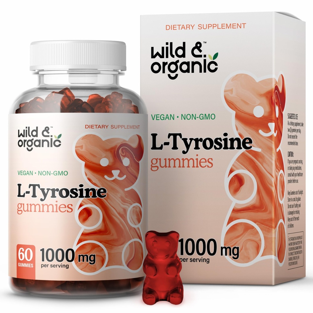 Wild & Organic L Tyrosine 1000mg Gummies - Supplément Soutien Cerveau pour Focus and Mood - Gommies Vegan Focus avec Poudre L-Tyrosine - 60 Chews non-OGM
