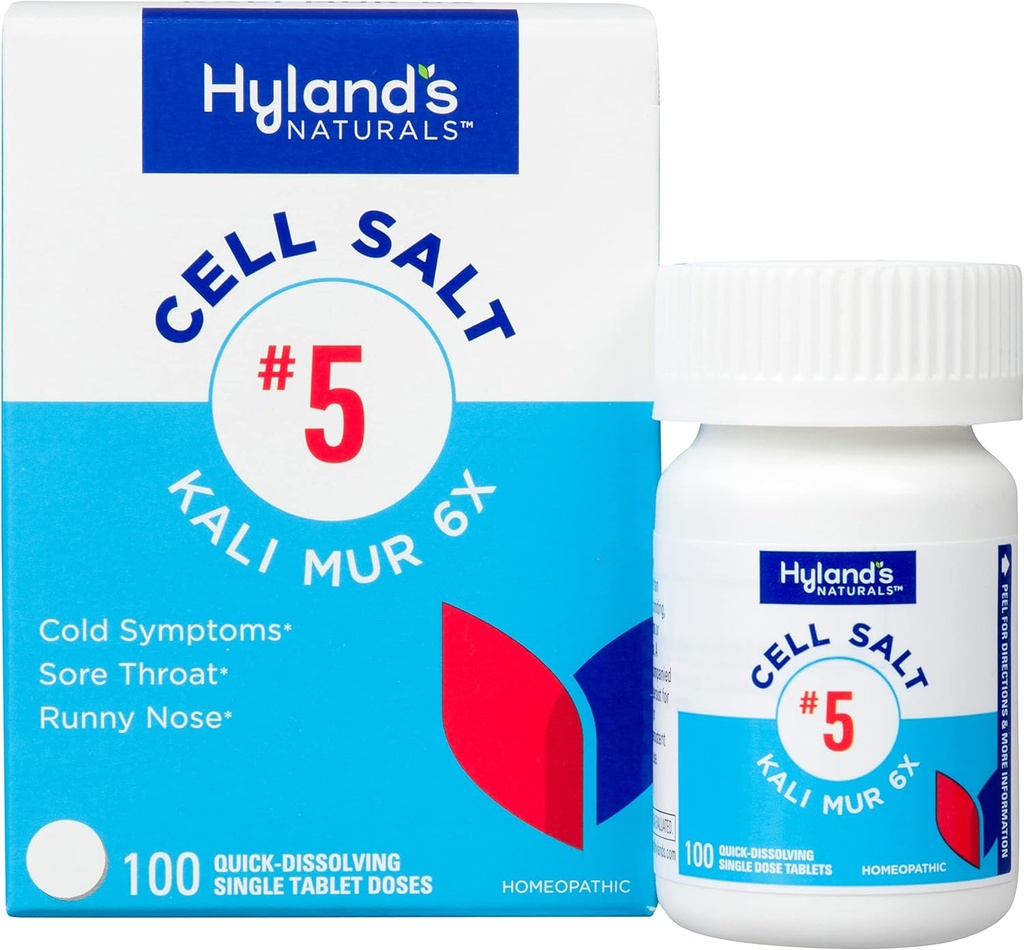 Hyland's No. 5 Cell Salt Kali Mur 6X Tablets, Cold Medicine and Sore Throat Relief, Natural Treatment of Colds, Sore Throats, Runny Nose, and Burns, Quick Dissolving Tablets, 100 Count