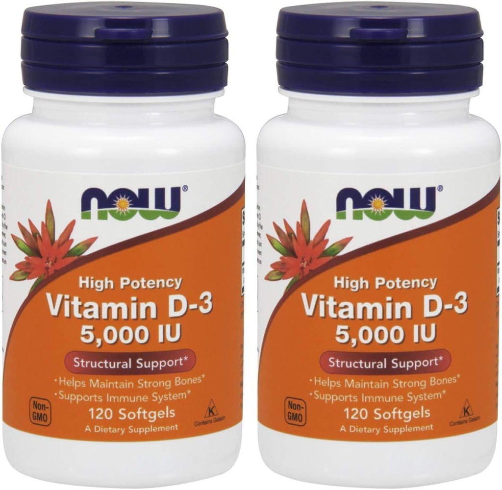 NOW Vitamin D-3 5,000 IU,120 Softgels (Pack of 2)