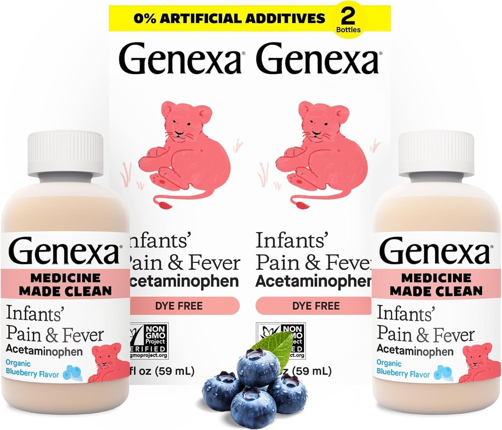 Genexa Infantiles' Acétaminophène propre , Ingrédients préférés des pédiatres , anti-douleur et réducteur de fièvre pour bébés , sans colorant , 0% Additifs artificiels , Bio Blueberry Flavor , 4 fl oz (2 Pack)