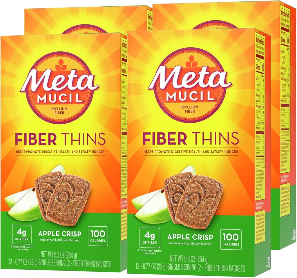 Métamucil, Thins de fibre, Supplément quotidien de fibre de mousse de Psyllium, Soutient la santé digestive et Satisfies faim, Apple Crisp Flavor, 48 portions totales (4 paquets de 12)