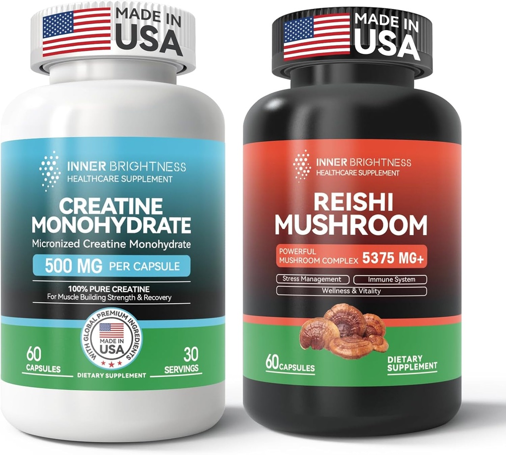 Supplément de Champignon Reishi avec Cordyceps + Capsules Monohydrates de Créatine pour Muscle Builder