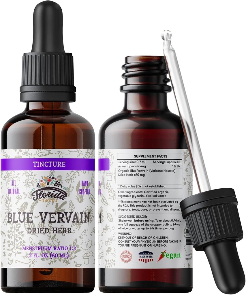 Extrait biologique Vervain bleu – Herbe Vervain bleu biologique – Supplément Vervain naturel pour hommes et femmes – Fabriqué aux États-Unis - 2 oz