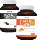 Ensemble d'huile de tournesol et de gingembre et de grain noir - Mélange d'harmonie dorée - Turcuma et gingembre avec 95 % de curcuminoïdes et de biopérine (90 capsules) et huile de graines noires (non-OGM) 100 % d'huile de cumin pressée à froid